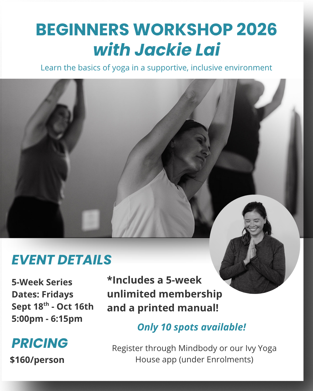 Five-week beginner yoga workshop with Jackie Lai